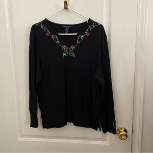 Vtg Women’s XL Christmas Poinsettia Bead Embellished Long Sleeve V-Neck Shirt